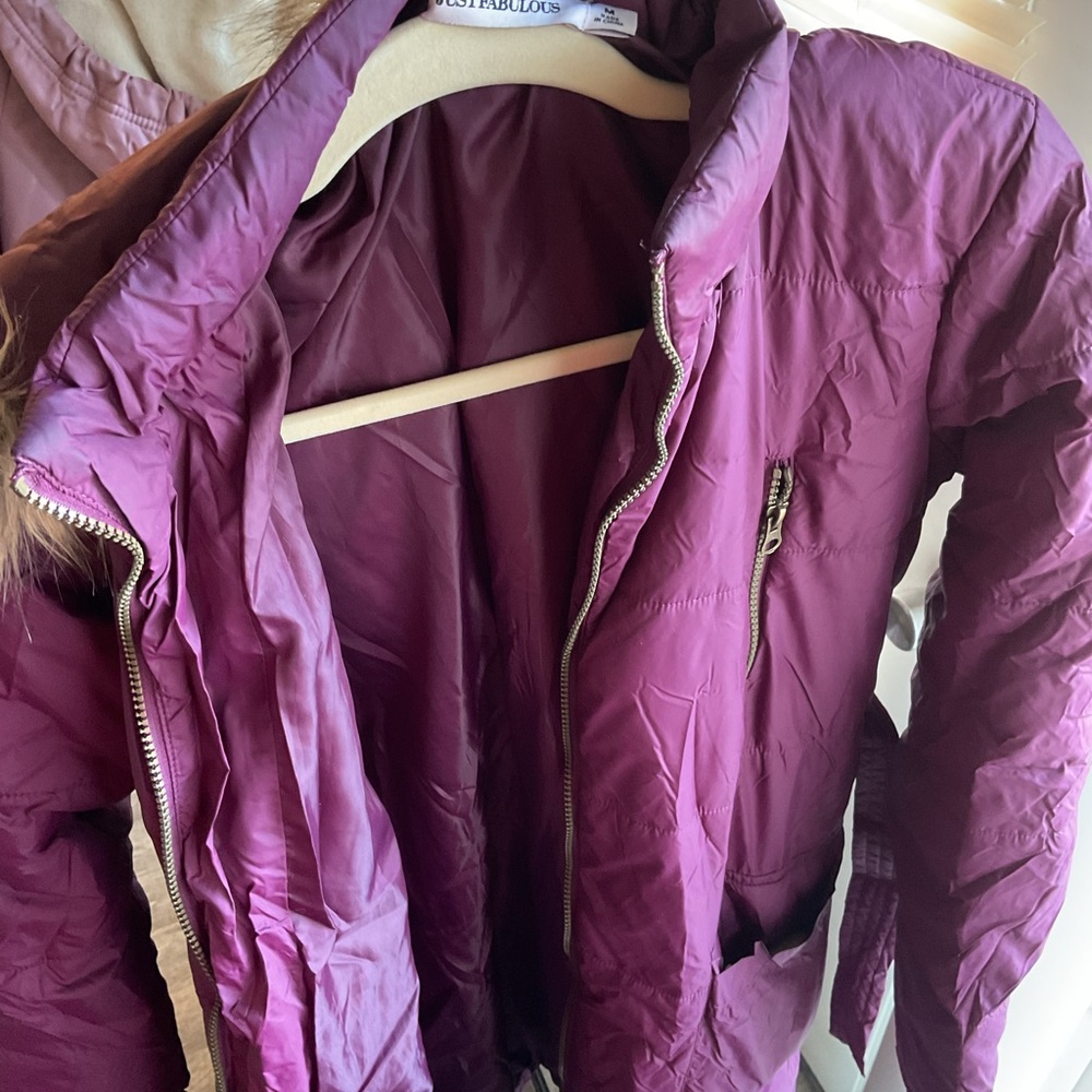Purple fur hooded trench coat. Never worn.